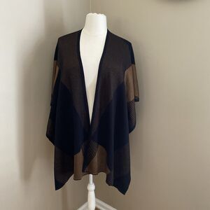 Chico's Ruana Black/Brown Plaid Sweater Knit Poncho Wrap Shawl Size Large/XL